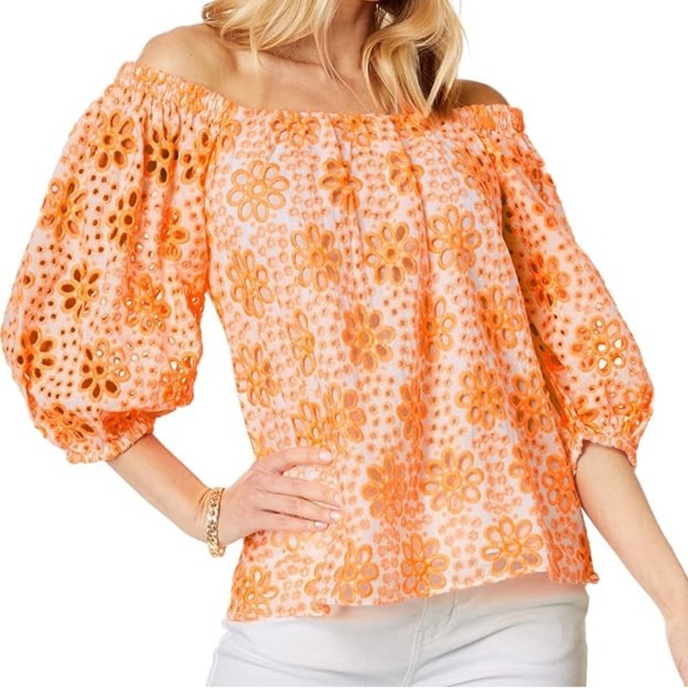 Lilly Pulitzer Kerrigan Cantelope Sunflower Eyelet Top Size Medium
